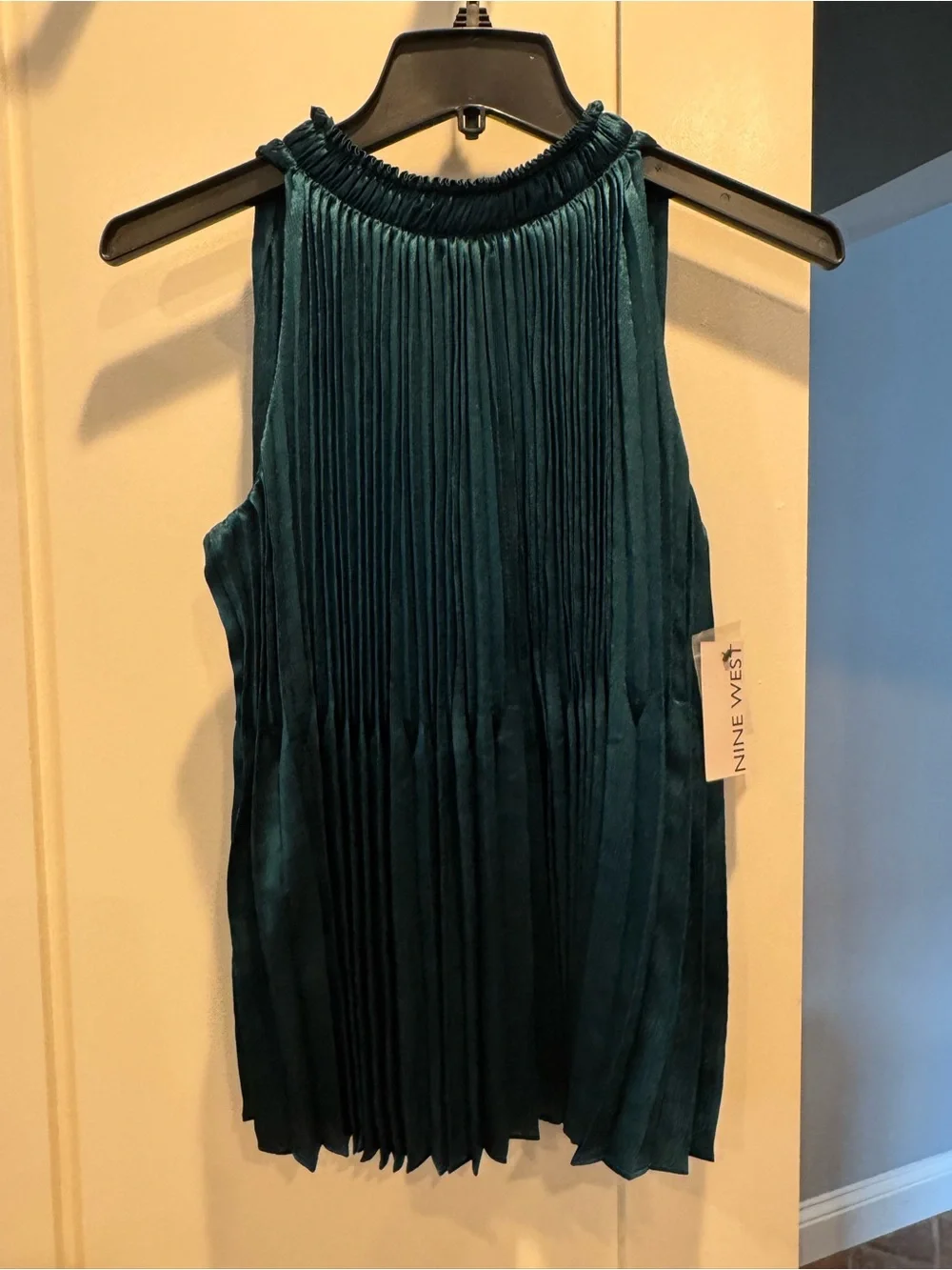 Nine West Velvet Blazer & Wide-Leg Pants Set w/ Mock Neck Pleated Top - Green